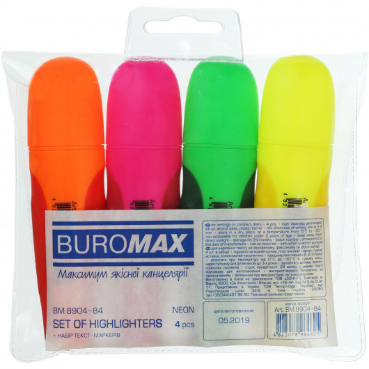 Маркер текстовий 2-4мм., NEON, набор 4шт./уп. , асорті BuroMax - фото 4
