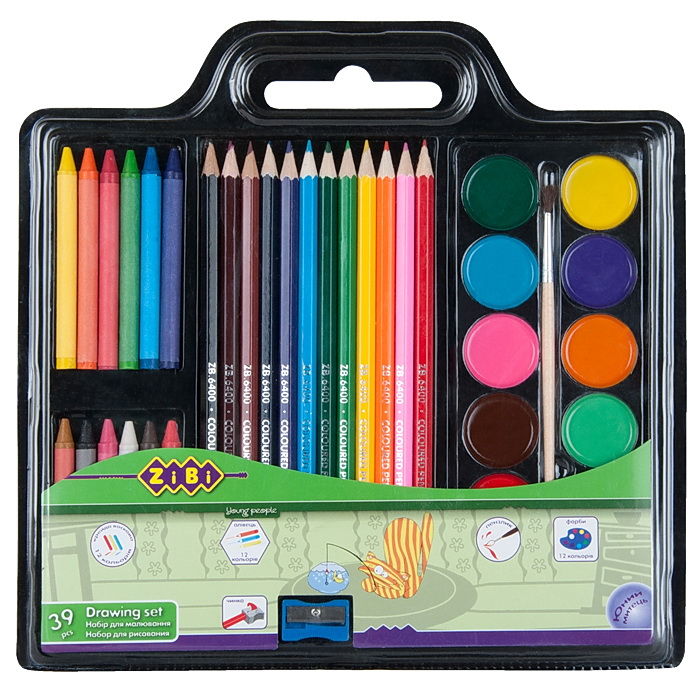 Набір для малювання (фарби, кол. олівці, крейда воскова, пензель натуральний, чинка) ZiBi - фото 3