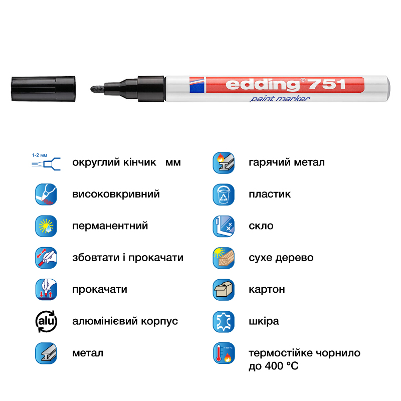 Маркер термостійкий лаковий для будь-яких поверхонь Paint e-751 1-2 мм круглий, чорн. Edding - фото 5