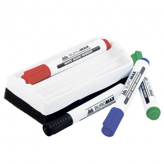 Маркер для досок, круглое острие 2-4мм.,  набор 4шт./уп. + губка для досок BuroMax - фото 5