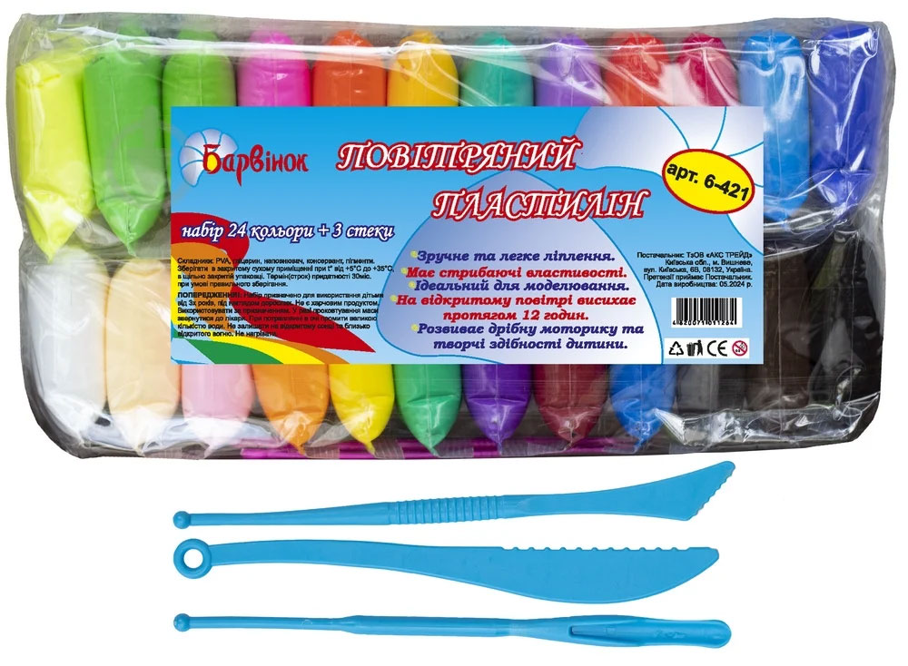 Пластилин лёгкий (воздушный) 24цв.*7г. + 3 стека Барвинок - фото 1
