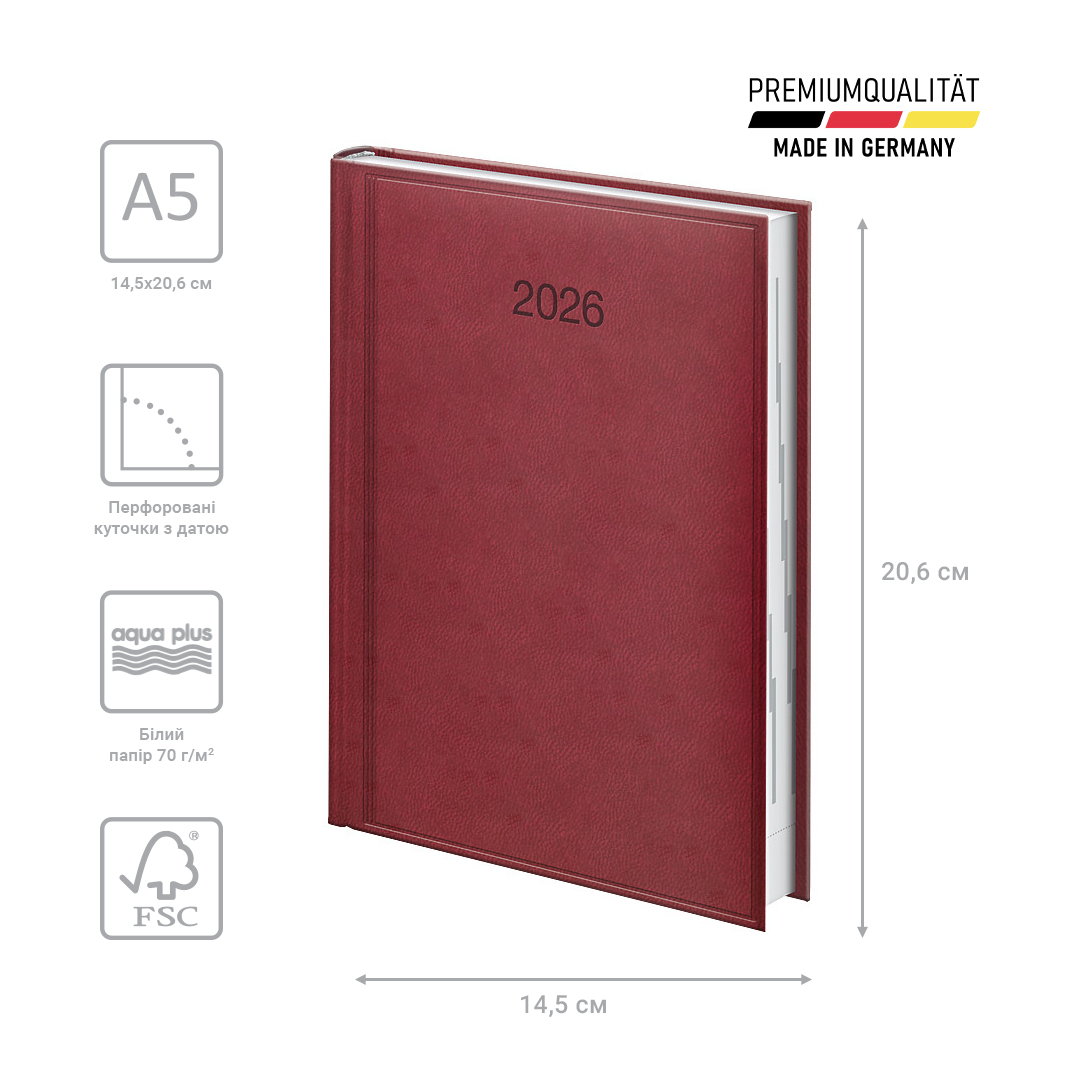 Щоденник 2026 Стандарт Torino, сліпе тиснення, марсала Brunnen — фото 4