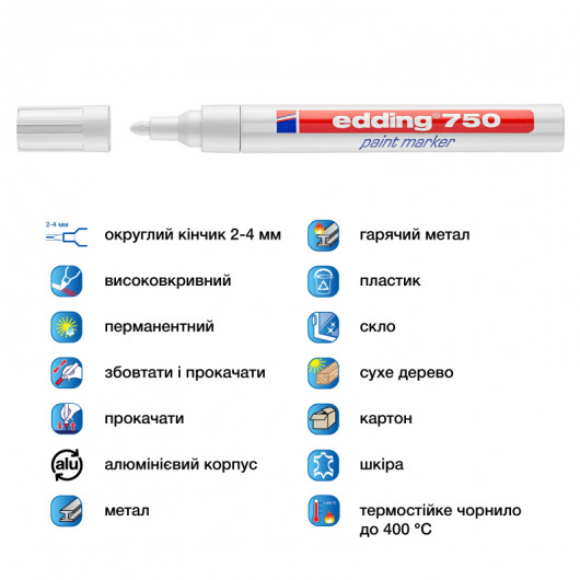 Маркер термостійкий лаковий для будь яких поверхонь Paint e-750 2-4 мм круглий, біл. Edding - фото 4
