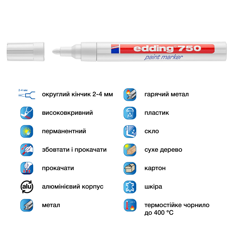 Маркер термостійкий лаковий для будь яких поверхонь Paint e-750 2-4 мм круглий, біл. Edding - фото 4