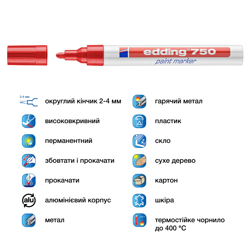 Маркер термостойкий лаковый, для любых поверхностей Paint e-750 2-4мм., круглый, красн. Edding - фото 4