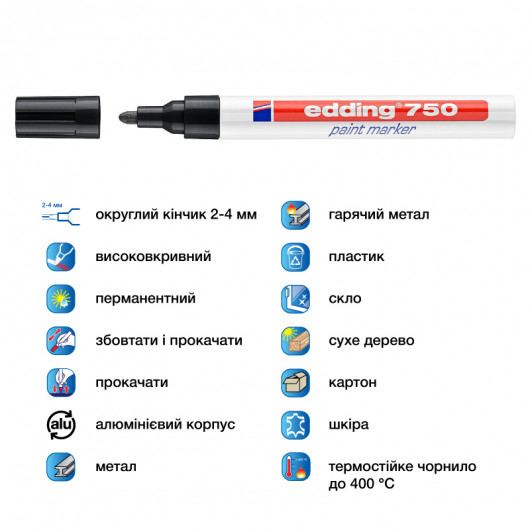Маркер термостойкий лаковый, для любых поверхностей Paint e-750 2-4мм., круглый, черн. Edding - фото 4
