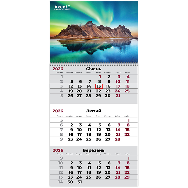 Календарь настенный квартальный 2026г, 1  пр., Nature 3 Axent - фото 1