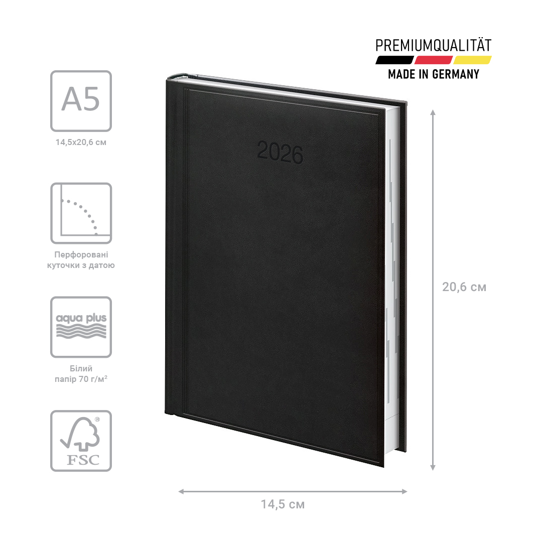 Щоденник 2026 Стандарт Torino, сліпе тиснення, чорний Brunnen — фото 4