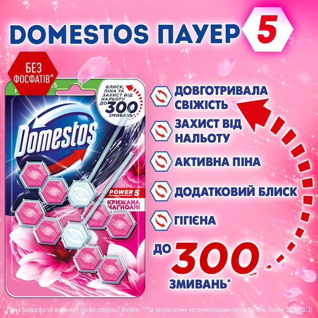 Блок для очистки унитаза Power 5 Ледяная магнолия, 1*55г. DOMESTOS - фото 5