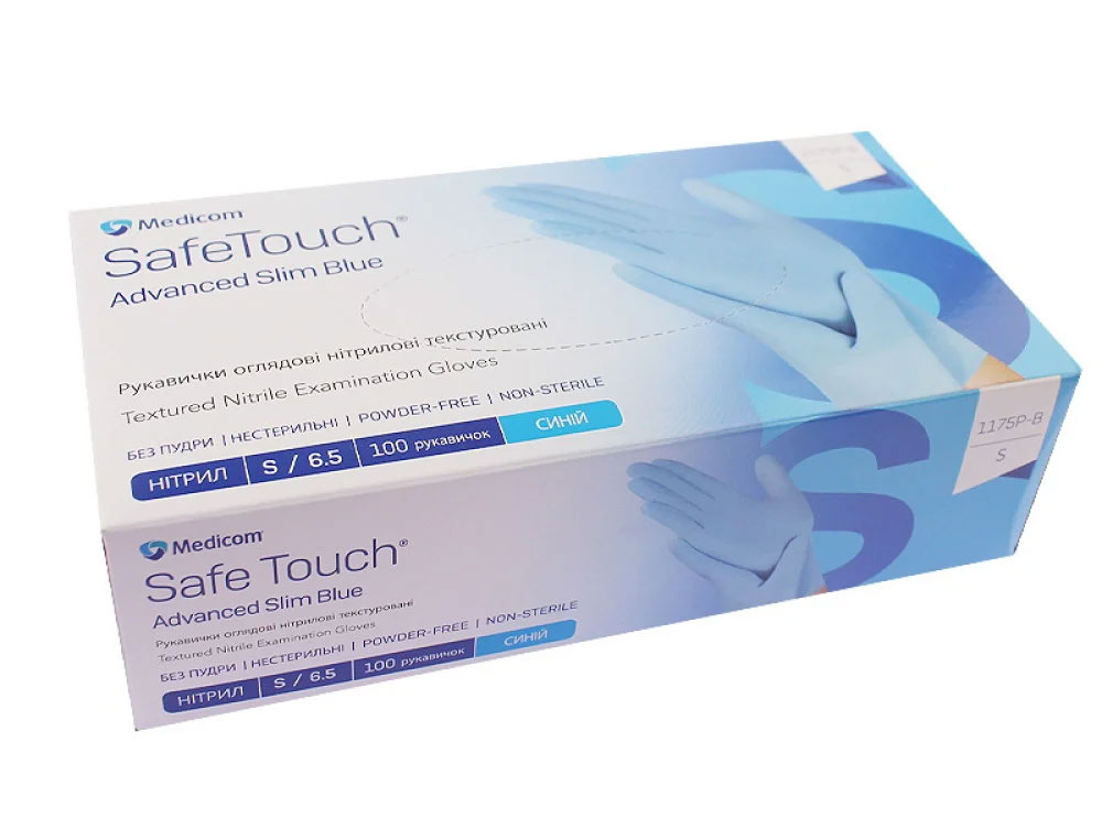 Перчатки нитриловые неоп. SafeTouch Advanced Slim 1175P- B (3,5г), разм. S, 100шт./уп., голуб. Medicom - фото 1
