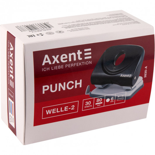 Діркопробивач на 2 отвори, до 30 аркушів Welle-2, пластиковий, чорн. Axent — фото 6