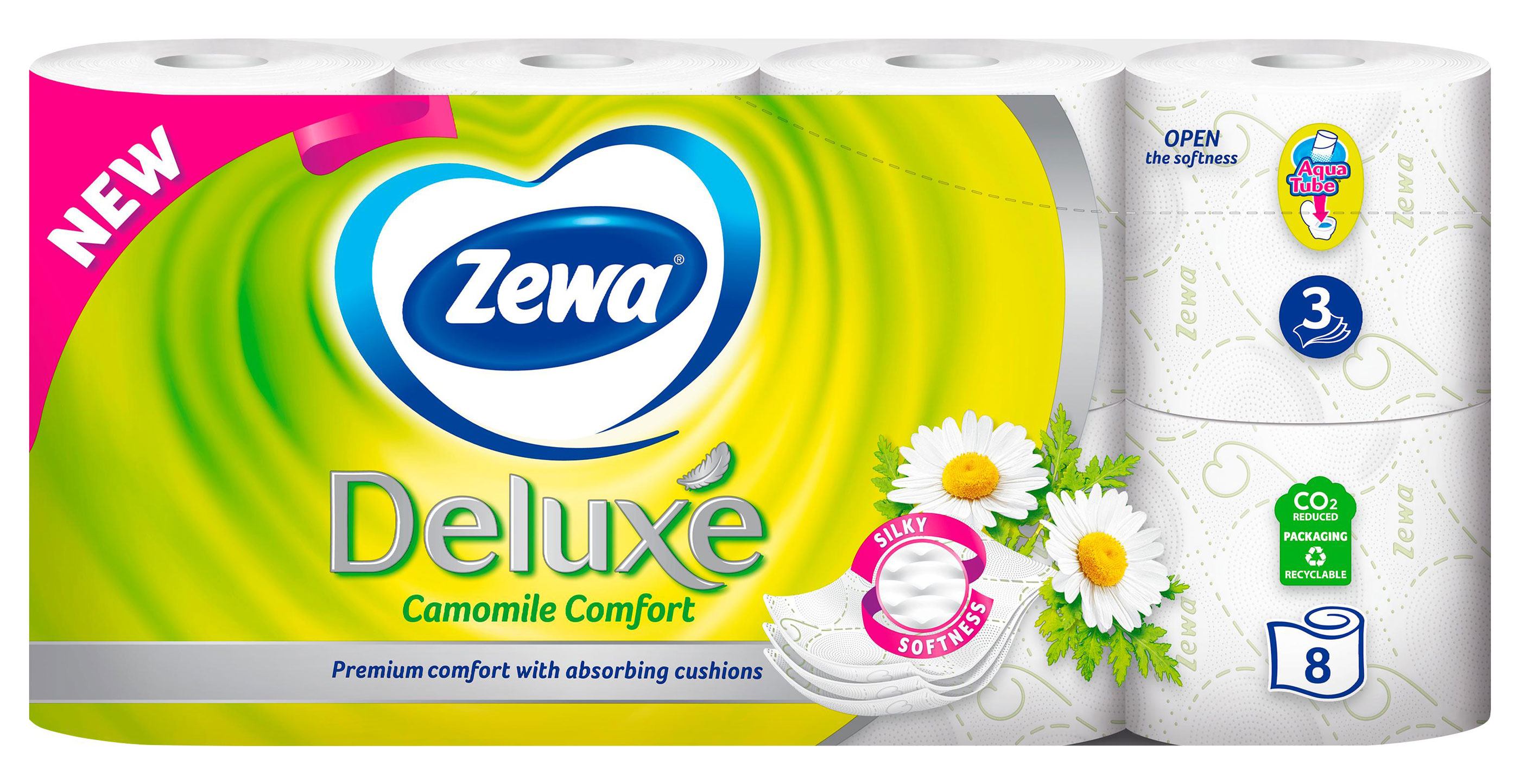 Папір туалетний Стандарт Deluxe, 3 шари, целюлоза, 150відр.(9,5*12,4см.), 8шт./уп., ромашка. ZEWA — фото 1