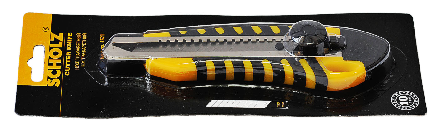 Нож канцелярский большой 18мм., метал. направляющая, винтовой фиксатор, прорезиненный корп. Scholz - фото 4