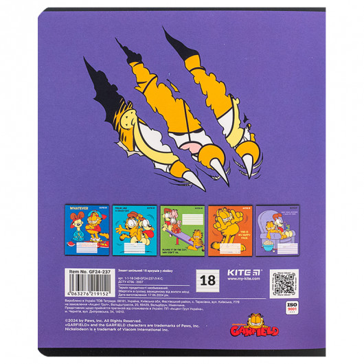 Тетрадь 18 лист., лин., софт-тач + УФ лак, Garfield (GF24-237) Kite - фото 13