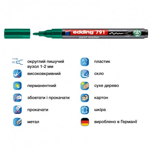 Маркер для маркування усіх поверхонь e-791n, круглий наконечник 1-2мм., зелен. Edding — фото 3