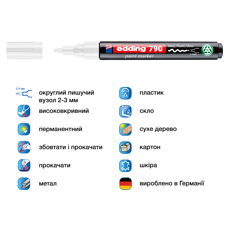 Маркер лакуючий e-790n, круглий наконечник 2-3мм., біл. Edding — фото 3