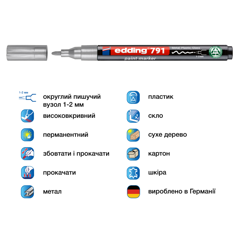 Маркер для маркування усіх поверхонь e-791n, круглий наконечник 1-2мм., срібл. Edding — фото 4