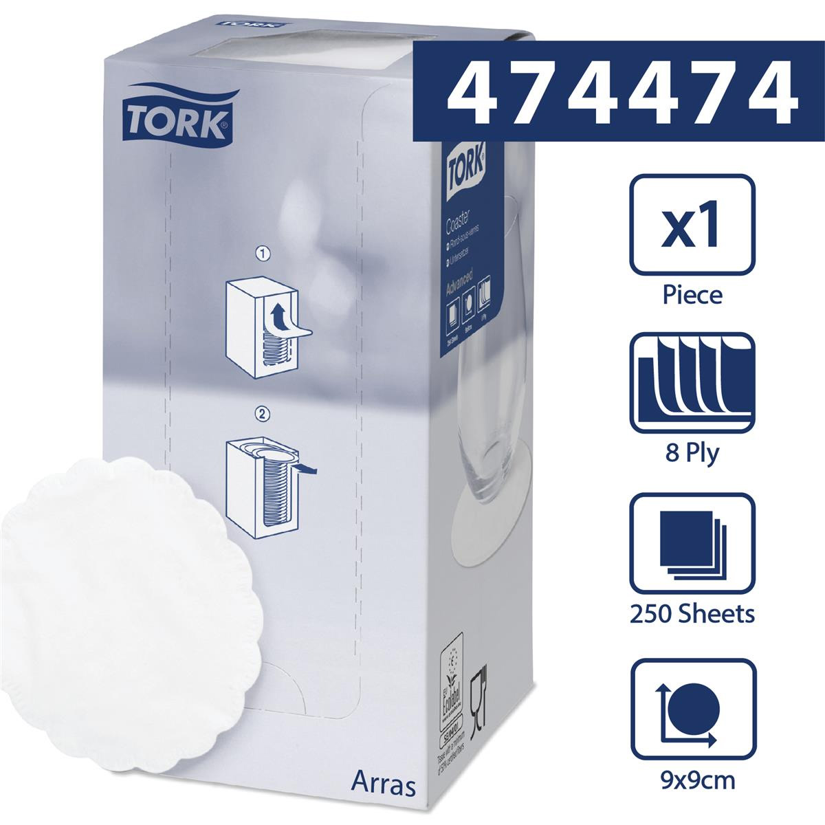 Коастер Advanced, d=90мм, 8-сл., 250шт./уп., зубчастий край, біл. Tork - фото 1