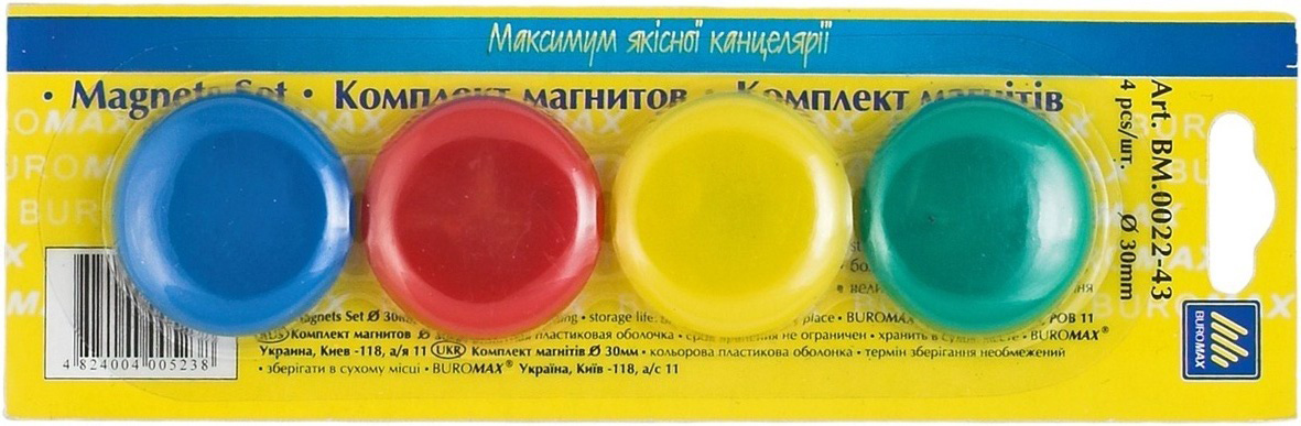 Магніти для магнітних дошок D=30mm 4шт/уп., асорті BuroMax — фото 2
