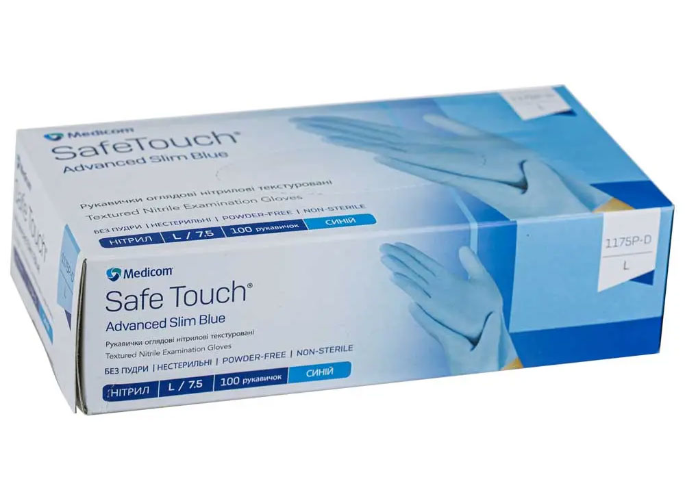 Рукавички нітрил. без пудри SafeTouch Advanced Slim 1175P (3,5г), розм. L, 100шт./уп., блакит. Medicom — фото 1