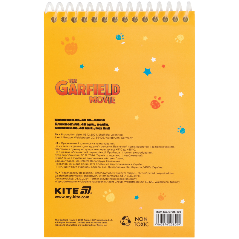 Блокнот пластикова обложка на спіралі, 48 арк., А6 Garfield (GF25-196) Kite — фото 4
