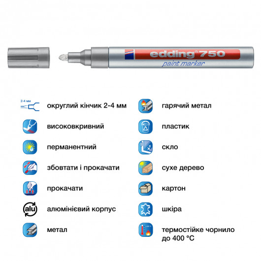 Маркер термостойкий лаковый, для любых поверхностей Paint e-750 2-4мм., круглый, серебр. Edding - фото 4