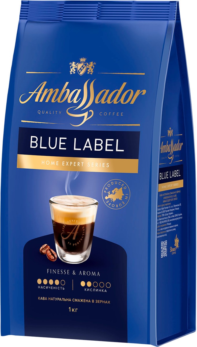 Кофе в зернах Blue Label 1000г., купаж арабика/робуста Ambassador - фото 1