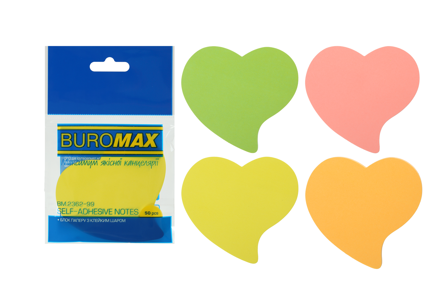 Блок бумаги с клейким слоем Сердце 70*70мм.*50 листов неон. ассорти BuroMax - фото 1