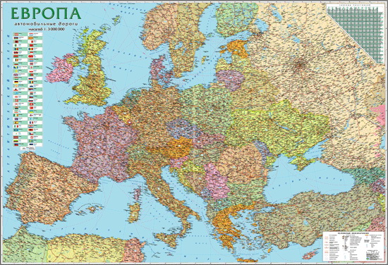 Карта Европы Автомобильные дороги 160*110см., ламинация/планки Украина - фото 1